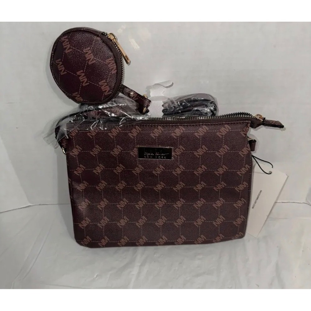 Nicole Miller New York Monogram Crossbody Bag with Coin Pouch Burgundy